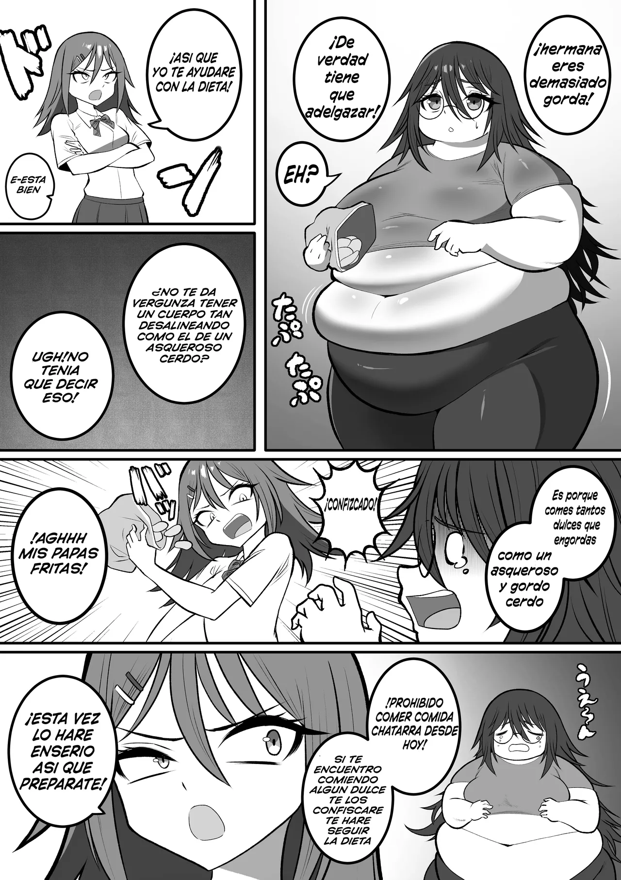 A fat older sister on a diet and a younger sister who awakens to fattening page 1 full