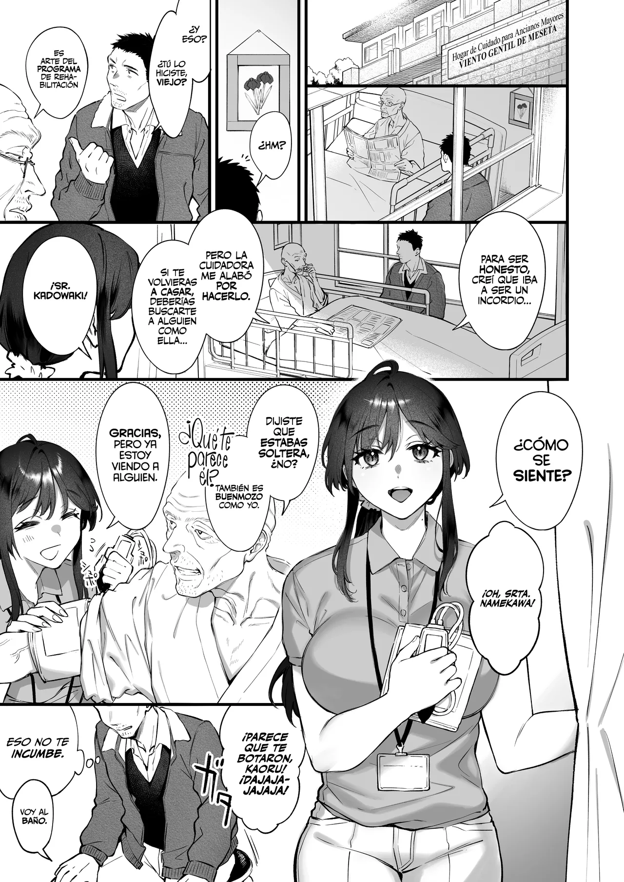 Shikatte Yurushite Atama o Nadete ~Bakunyuu Seiso na Kaigoshi ga Oji-san Daisuki na Riyuu~ | Regáñale, perdónale, dale palmaditas en la cabeza. ~La razón de por qué una Cuidadora amable y de Grandes Pechos ama a Hombres Mayores~ page 2 full