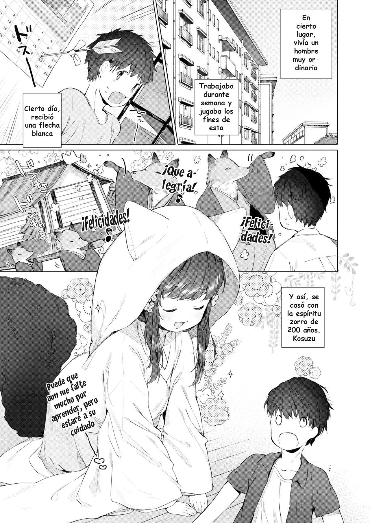 Mutou Mato Yowai 200 Chai Okitsune-chan to Oshidori Fuufu Seikatsu.｜Vida de Pareja Feliz con una Zorrita de 200 Años. page 1 full