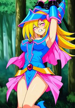 おじさんに拘束され胸を揉みしだかれるブラックマジシャンガール