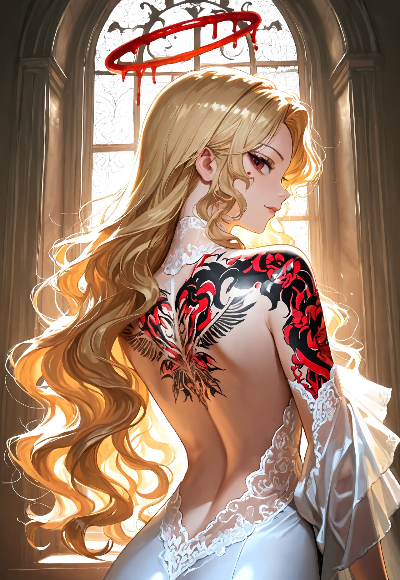 BLONDE'S BACKLESS OUTFIT: BLOOD HALO TATTOO page 2 full