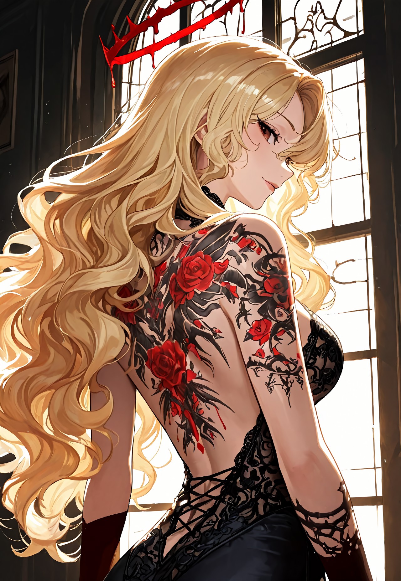 BLONDE'S BACKLESS OUTFIT: BLOOD HALO TATTOO page 3 full