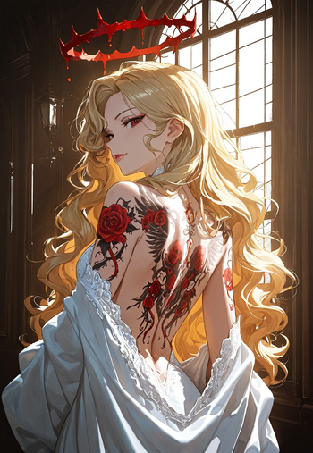 BLONDE'S BACKLESS OUTFIT: BLOOD HALO TATTOO cover