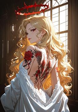 BLONDE'S BACKLESS OUTFIT: BLOOD HALO TATTOO