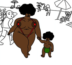 ebony mother and son on the beach