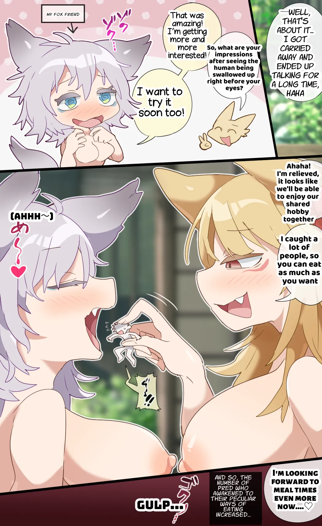 A giant fox girl swallows humans whole while reviewing food in a vore manga page 7 full