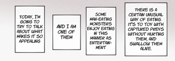 A giant fox girl swallows humans whole while reviewing food in a vore manga cover