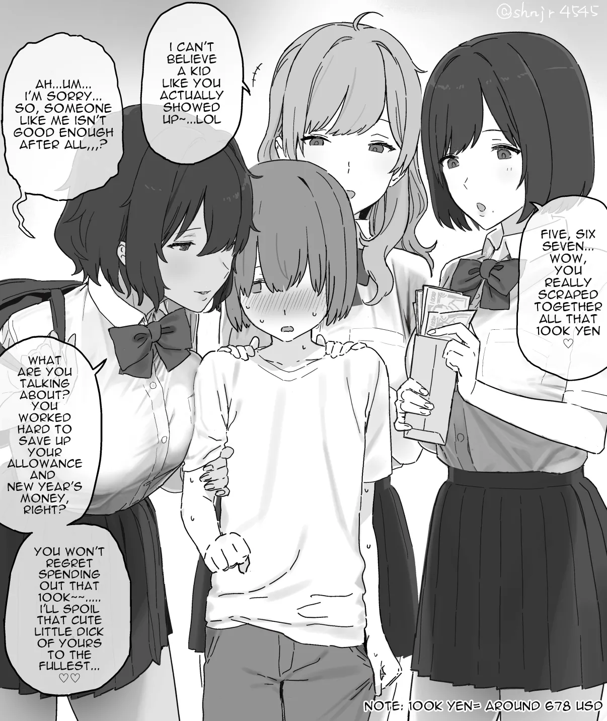 Isshoukenmei tameta okozukai juuman de enjo kousai o boshuu shitara gokuaku oneesan sannin ni me o tsukerarete shimai, tekitou ni shasei saserareta ageku sekkusu mo shite nai noni juuman zengaku fundakureru kawaisou na otoko no ko page 1 full