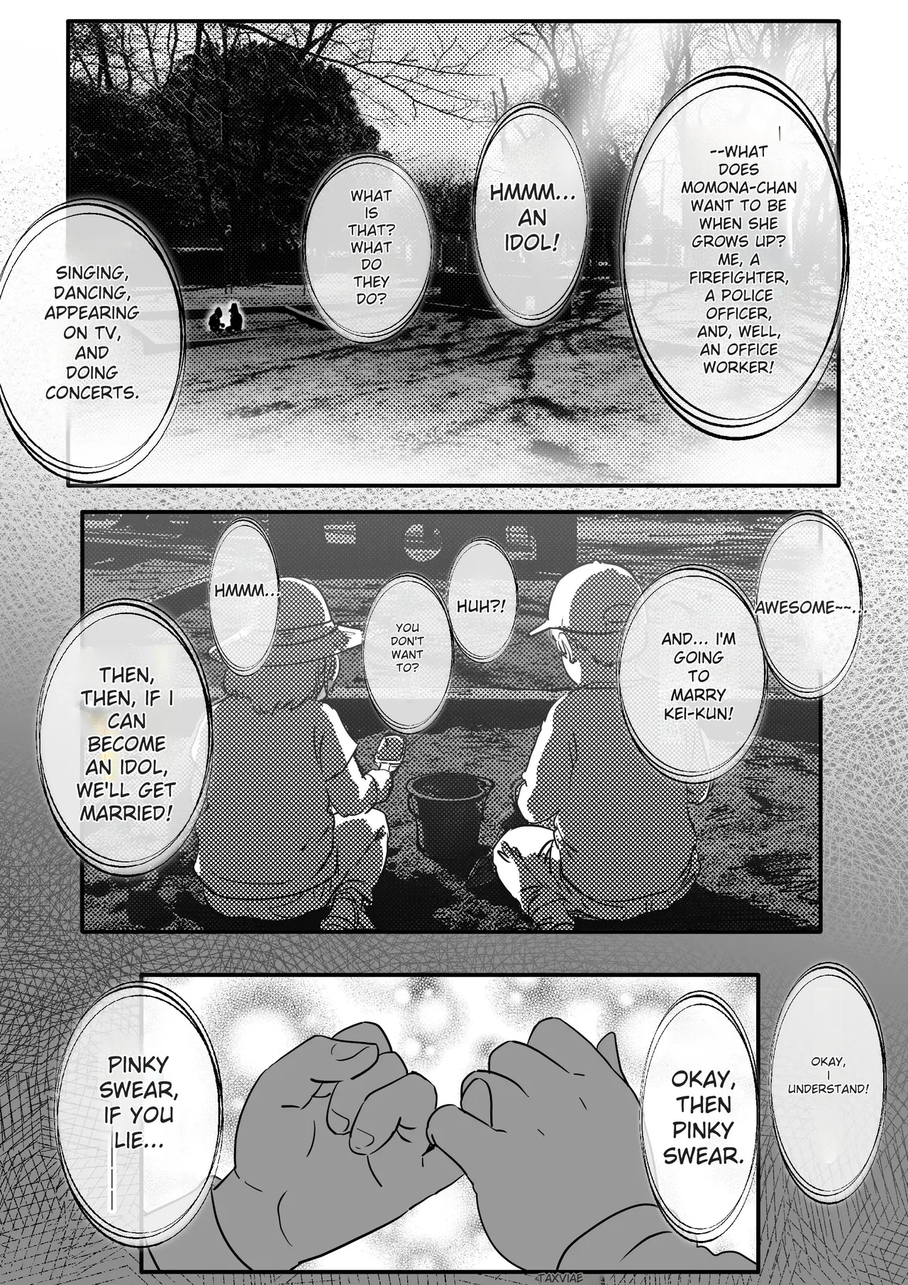 A story about Momona, an aspiring idol who was supposed to end up with her childhood friend, but becomes an older man’s mistress. page 3 full