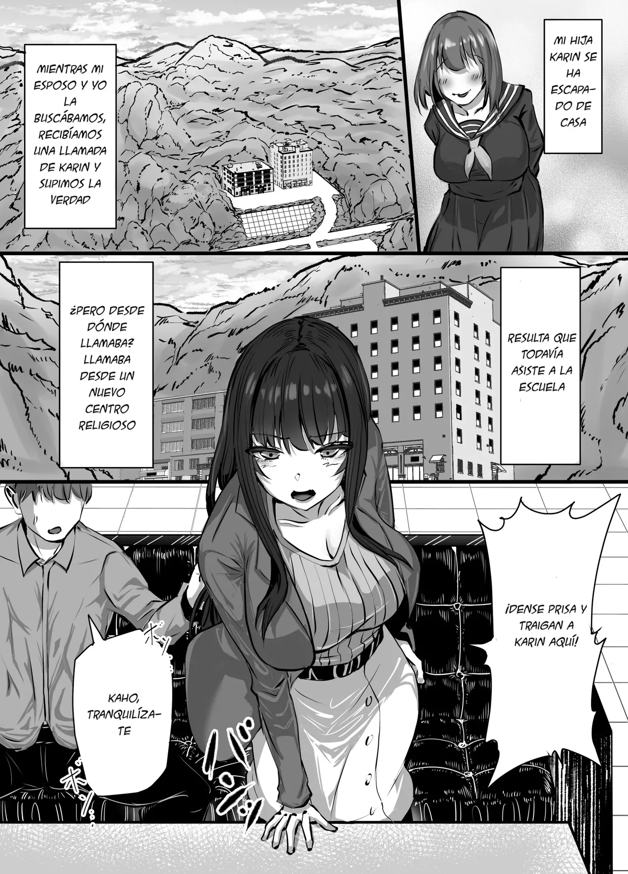 Shinkou Shuukyou ni Hamatta Manamusume o Sukuitai Hitozuma ga Kyouso no Sennou Sex de Nyuushin shite Netorareru Hanashi｜La Historia de una Esposa que, al Querer Salvar a su Hija de un Nuevo Culto, se Une y el Gurú le Lava el Cerebro con Sexo Infiel page 2 full