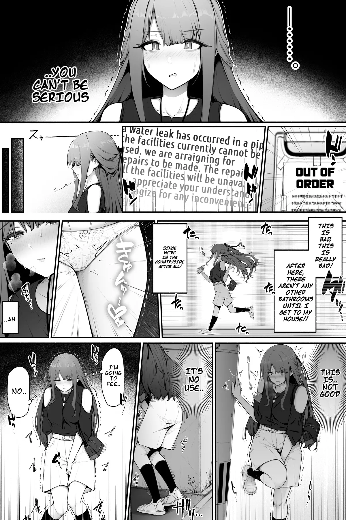 A woman who needs to pee but drinks water to help her pee page 3 full